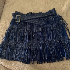Stud-Embellished Navy Fringe Mini Skirt with Belt